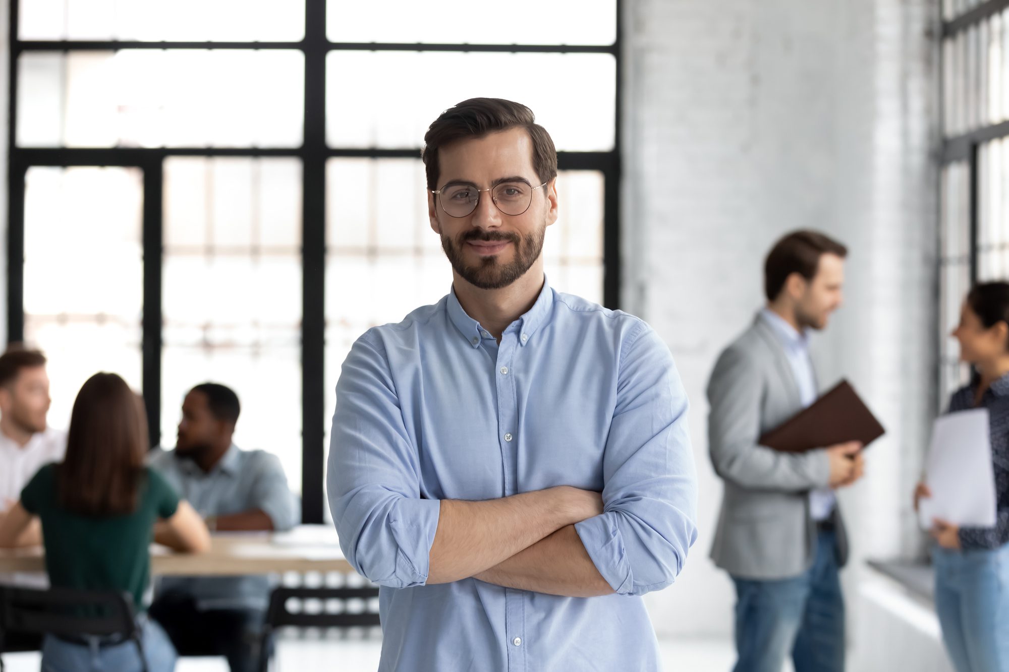Head Shot Portrait Smiling Confident Businessman Wearing Glasses